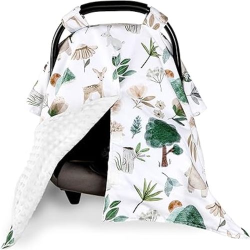 Car Seat Cover Baby Girl, Minky Infant Car Seat Cover Canopy with Peep Window, Multiuse Carseat Covers for Babies, Protects Baby from Wind, Sun, Stranger, Woodland Animal