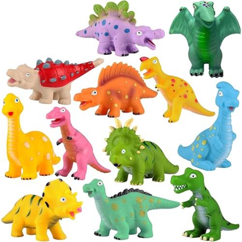 12PCS Dinosaur Bath Toys Mold Free Baby Bath Squirt Toys for Toddlers 3, Rubber Dino Toys for Kids 3-5 Baby Shower Pool Toys Bathtub Pool Toys Christmas Birthday Gifts for Kids (No Hole)
