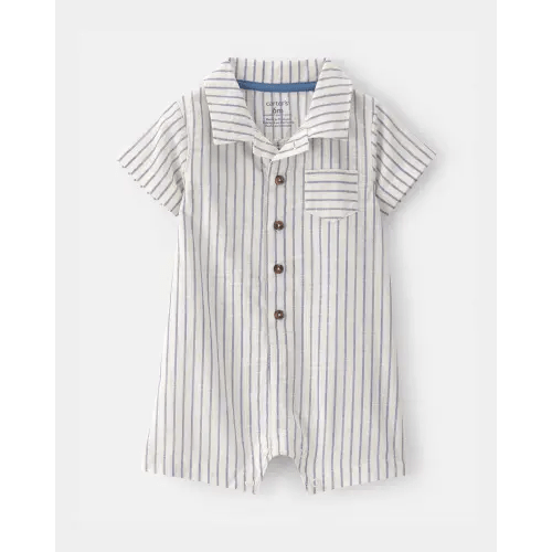 Baby Boy Striped Button-Down Romper - White/Blue | Carter's