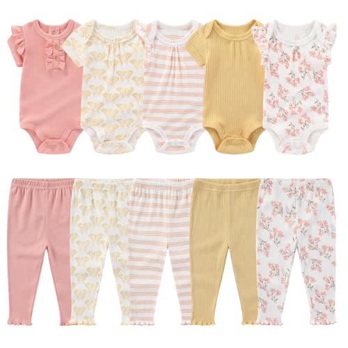 MAMIMAKA Newborn Baby Layette Gift Set 10-Piece Baby Boy Girl Short Sleeve Bodysuits with Pants Infant Outfit Essentials