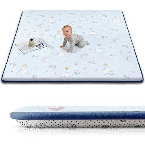 Baby Play Mat for Floor, 1.3-Inch Thickened Foam Soft Padded Playmat for Tummy Time, 59x71 Water-Repellent Coral Velvet Playpen Mat for Toddlers Infant Kids, Sky Theme