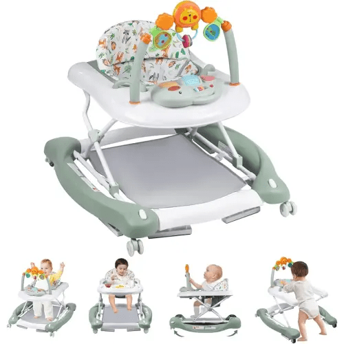 Baby Walker, 5 in 1 Baby Walkers for Boys Girls 6-12 Months, Foldable Walkers for Babies with Bouncer & Feeding Tray, Music, Adjustable Heights, Activity Walker for Infant