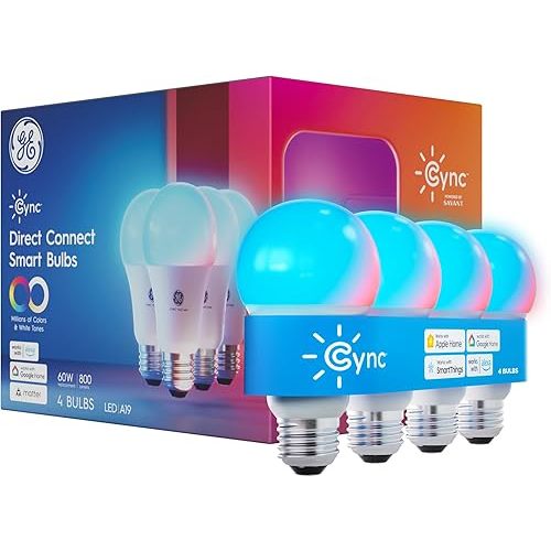 Cync GE A19 Smart LED Light Bulbs, Color Changing Room Décor, Works with Alexa and Google Home, Matter Compatible, LED Lights for Bedroom, Millions of Colors and White Tones (4 Pack)