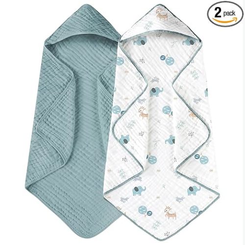 Hooded Baby Towels for Newborn 2 Pack 100% Muslin Organic Cotton Baby Bath Towel with Hood for Babies, Infant, Toddler and Kids, 32x32Inch, Soft and Absorbent Newborn Essential,Blue Elephant