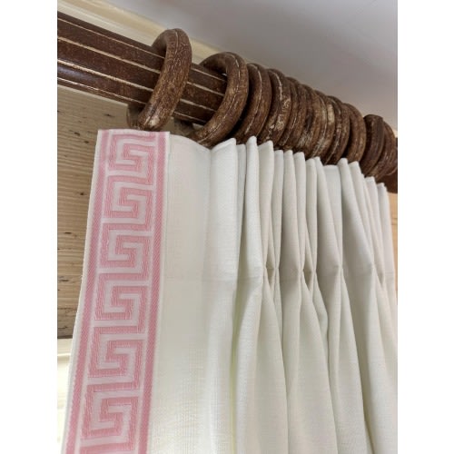 Linen Pinch Pleat drapes with trim tape many fabric colors curtains French pleated fretwork Greek Key trimming lining blackout privacy avail