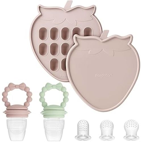 PandaEar Baby Food Freezer Tray & 2 Pack Baby Fruit Food Feeder Pacifier, Baby Fruit Food Feeder Teether Tray Ice Cube Maker, Breastmilk Popsicle Molds for Baby Teething Relief