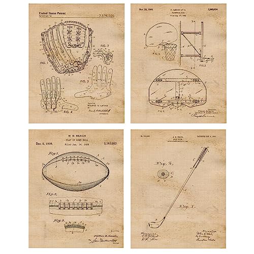 STARS BY NATURE Classic Football Baseball Basketball Golf Patent Prints | 4 (8x10) Unframed Photos, Wall Art Decor, For Home Sport Office Man Cave Garage Fitness Gym School