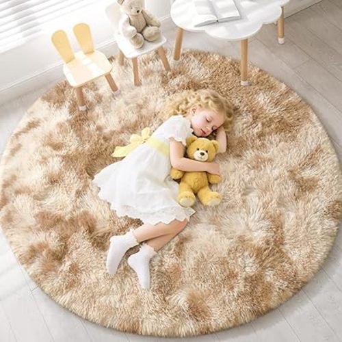 EVOIONOS Tie-Dyed Camel Round Rug Living Room, 6x6 Ft Fluffy Soft Circle Area Rugs Bedroom, Plush Shaggy Circular Carpet Indoor Floor Bedside Kids Nursery, Machine-Washable Home Decor Aesthetic