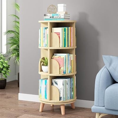 Gdrasuya10 3 Tier Rotating Bookshelf with Legs, Revolving Bookcase Floor Standing Book Shelf 360 Display Bookcase Round Bookshelf Wooden Corner Book Shelf Easy Assemble for Bedroom