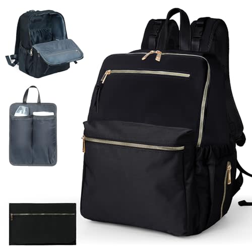 Diaper Bag Backpack, Nylon Baby Bag with 19 Pockets, Large Baby Diaper Bag for Boys Girls,Diaper Bag Insert,Changing Pad,Insulated Pockets,Stroller Straps,Black
