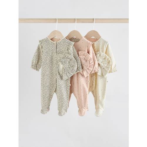 3-6mo Pink 3 Pack Baby Sleepsuits with Matching Turbans