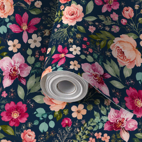 August Grove® Peel and Stick Wallpaper Contact Paper Watercolor Peach Pink Floral Green Leaves Navy Self Adhesive and Removable 17.7in x 118in(45x300cm) | Wayfair