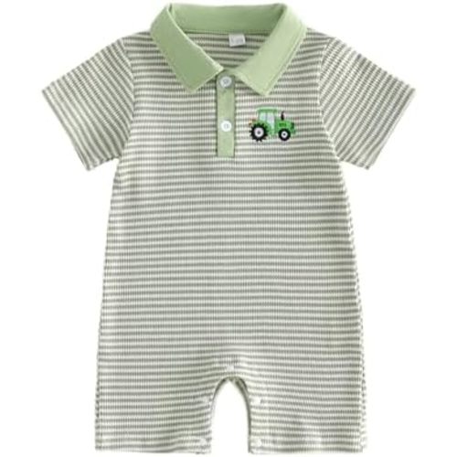 Newborn Baby Boy Outfit Short Sleeve Waffle Knit Button Romper One Piece Jumpsuit Infant Boy Summer Clothes