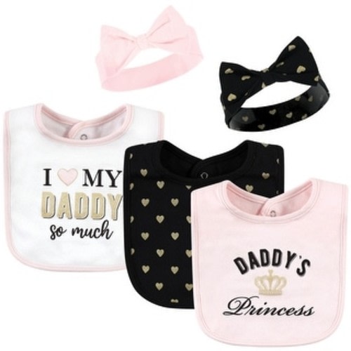 Hudson Baby Infant Girl Cotton Bib and Headband or Caps Set, Daddys Princess, One Size - Daddys Princess - One Size