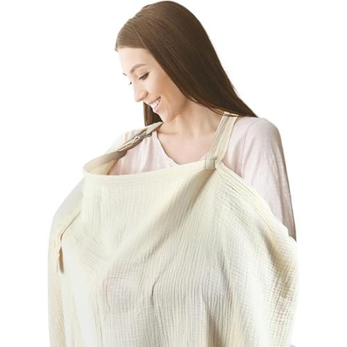 Muslin Breast Feeding Cover- Allows Hands-Free Baby Check, 100% Cotton, Featuring Windproof Straps, Includes A Small Potable Storage Pocket, Baby Breast Feeding Must Haves