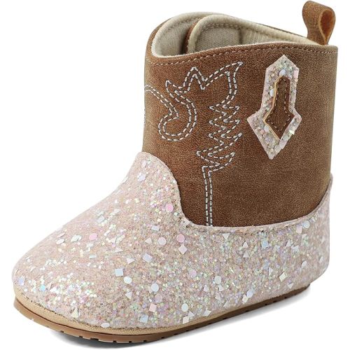 ESTAMICO Baby Girls Embroidery Western Cowgirl Boots Infant Sequin Leather Cowboy Booties Round Toe Ankle High Hook and Loop Shoes