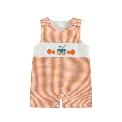 Infant Baby Boy Halloween Pumpkin Plaid Jumpsuit Sleeveless Gingham Romper One Piece Strap Overalls Smocked Clothes