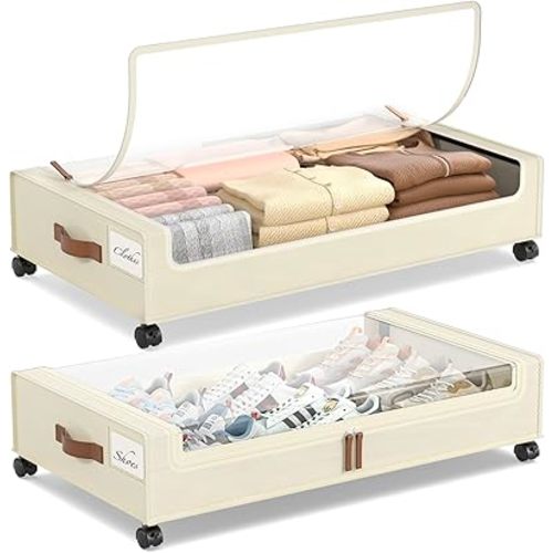 Yecaye Under Bed Storage with Wheels, 2 Pack Under Bed Storage Containers, 60L Underbed Shoe Storage with Clear Window & Label, Rolling Under Bed Metal Drawer for Clothes, Shoes, Books, Blankets