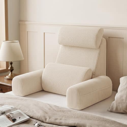 Blissful Diary Reading Pillow with Adjustable Neck & Lumbar Support, Beige | 19" Back Pillow with Armrests for Bed Sitting Up, Watching TV, Gaming and Relaxing, Big Pockets & Washable Cover