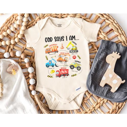 Construction Trucks Baby Onesie®, God Says I Am Baby Suit Trucks, Bible Verse Baby Gift, Baptism Gift Boy, Christian Baby Onesie® (SC-GSI37)
