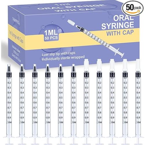 50 Pcs 1ml Syringes with Caps Oral Dispenser Individually Sterile Warpped for Medicine Dropper, Colostrum Collect Feeding Pets, Liquid