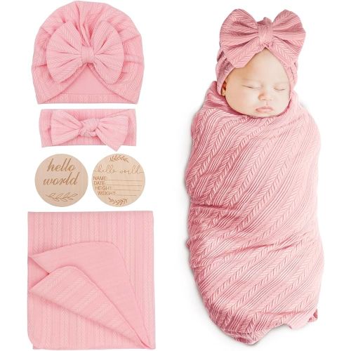 BQUBO Baby Swaddle Blankets for Girls, 4PCS Newborn Accessories Set with Hat and Bow Headband with Hello World Wooden Birth Announcement Card, Baby Blankets for Girls (Pink)