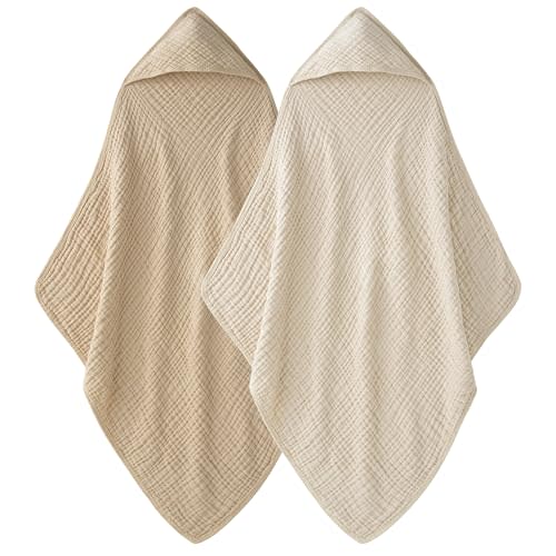 Unnivoll Hooded Baby Towels for Newborn - 2 Pack, 100% Muslin Cotton, Baby Bath Towels with Hood, Soft and Absorbent for Boys, Girls Infant, Toddler and Kids, Large 32x32 Inches, Newborn Essential