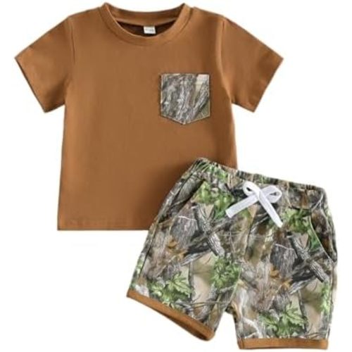 Toddler Baby Boy Fishing/Hunting Outfit Graphic Letter Short Sleeve T-Shirt Camouflage Shorts Set