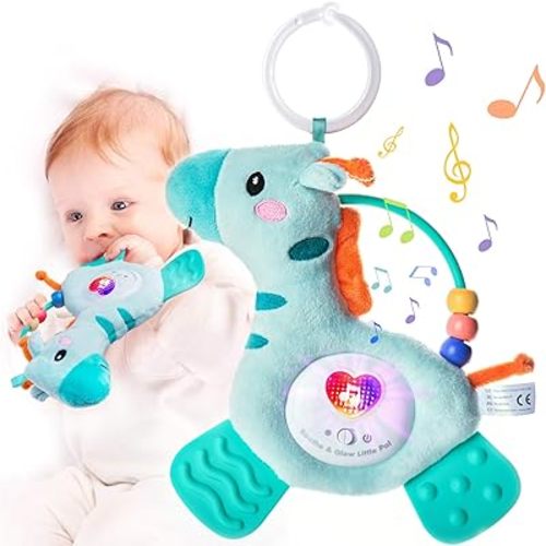 Deer Newborn Teething Toys 0-6 Months - Teether Plush Musical Sensory Cot & Pram Toys with Soft Light & Color Rattle
