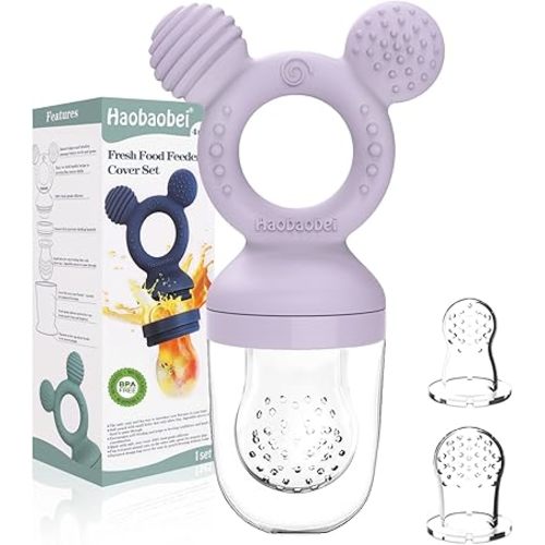 Baby Fruit Feeder, Frozen Teething Toys for Babies, Teether Pacifier with 3 Extra Teats, Eating Essentials, BPA Free Baby Feeding Supplies (Lavender)
