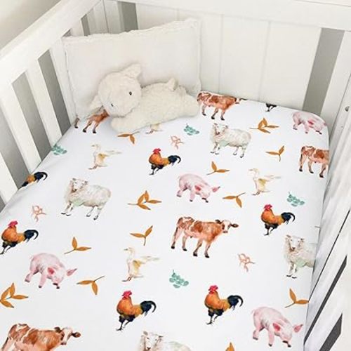 Watercolor Farm Animals Baby Crib Sheet 52''x28'' Farmhouse Lamb Cow Chicken Pig Duck Tractor Fitted Crib Mattress Sheet Covers for Boy Girl Baby Nursery Bed Sheets for Standard Crib Mattress