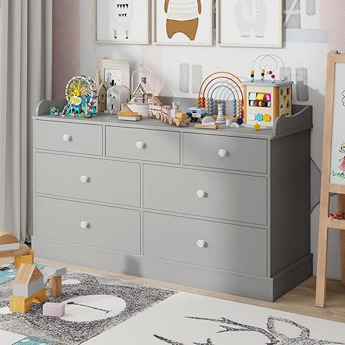 Vabches Kids Dresser Cabinet with 7 Drawers and Large Table Top, White Chest of Drawers, Baby Dresser, Kids Bedroom Furniture, Nightstand for Child’s Room,Light Grey