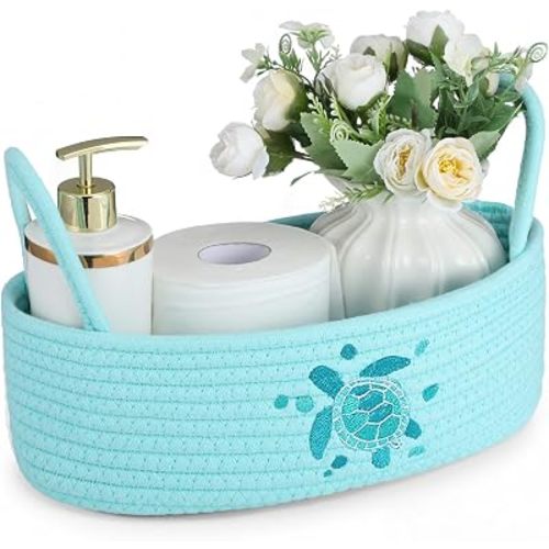 Vesici Sea Turtle Toilet Paper Basket Boho Woven Cotton Rope Bathroom Countertop Organizer with Handle Blue Summer Beach Sea Turtle Bathroom Storage Decor for Bedroom Nursery, 13 x 6 x 4 Inch