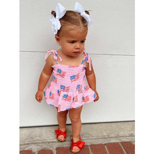 Muslin Smocked Bubble w/ Skirt, American Flag Pink