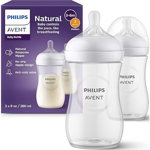 Philips Avent Natural Baby Bottles with Natural Response Nipples (Medium Flow, Flow 3), 9oz, 2-Pack, SCY903/02