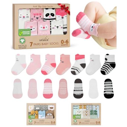 GOTS Organic Cotton Blend 7 Baby Socks 0-6 Months Animal Design Non Slip