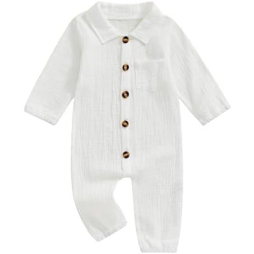 Baby Boy Girl Button Jumpsuit Solid Baptism Romper Long Sleeve Collared Shirt Bodysuit Cotton Linen Pocket Playsuit
