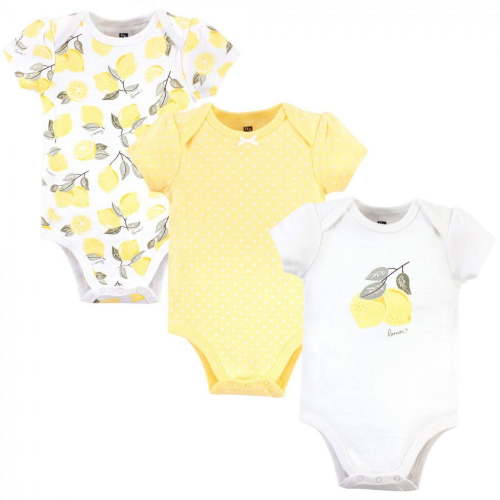 Hudson Baby Infant Girl Cotton Bodysuits 3pk, Lemon, 9-12 Months