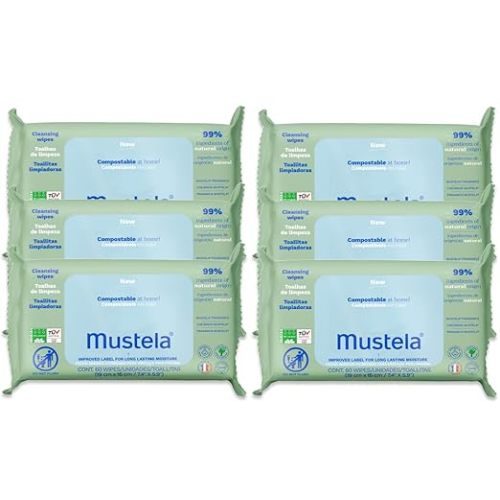 Mustela Baby Home Compostable Cleansing Wipes - For Face, Body & Diaper Area - 99% ingredients of natural origin & plant-based fibers - For all skin types - Fragrance Free Version & Various Sizes