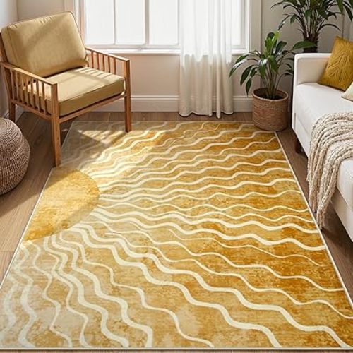 Wonnitar Sun 5x7 Area Rug, Boho Ombre Yellow Bedroom Rug Machine Washable Carpet, Ultra Thin Soft Non Slip Mid Century Nursery Carpet for Kids Room Living Room Playroom Classroom Decor