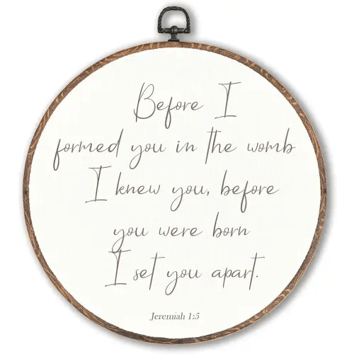 Lengues Bible Verse Nursery Round Wall Art Decor, Inspirational Round Wall Decor, Neutral Christian Canvas Framed Art Prints, Jeremiah 1:5 Christian Hanging Frame for Room Bedroom 10x10 Inch