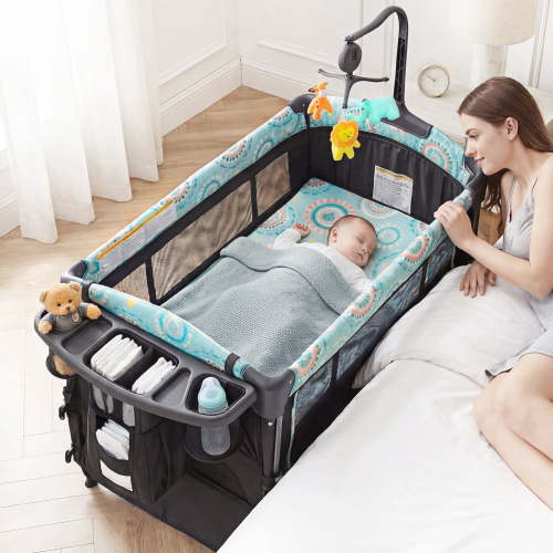 EVMORE Foldable Baby Bassinet, 5-in-1 Crib with Changing Table, Playpen, Storage, Music, 0-36 Months