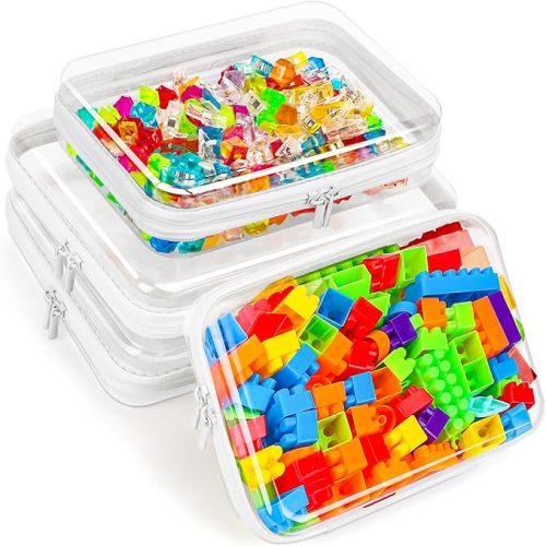 4 Pack Clear Hard Shell Zipper Case(2 Large,2 Medium),9.8"Clear Zipper Pouches+9.66" Hard Plastic Travel Organizer Bin for Toy,Toiletries, Makeup,Cosmetic,Electronics- Crush-Resistant Storage