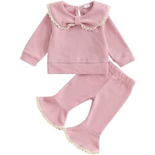 Madjtlqy Baby Girl Fall Winter Outfits Clothes Long Sleeve Doll Collar Sweatshirt Tops + Bell Bottoms Set