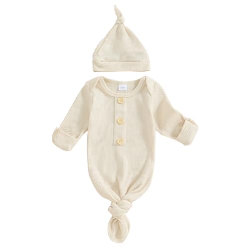 BULINGNA Newborn Baby Boys Girls Knotted Gown with Hat Set, Unisex Infant Nightgown with Mittens Sleepwear One Piece Pajamas