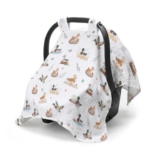 Car Seat Cover Baby Boy Girl Summer Carseat Sunshade Canopy Covers Duck | Breathable Muslin Cotton Baby Car Seat Cover Canopy, New Mom Gifts for Newborn Essential Gift Set