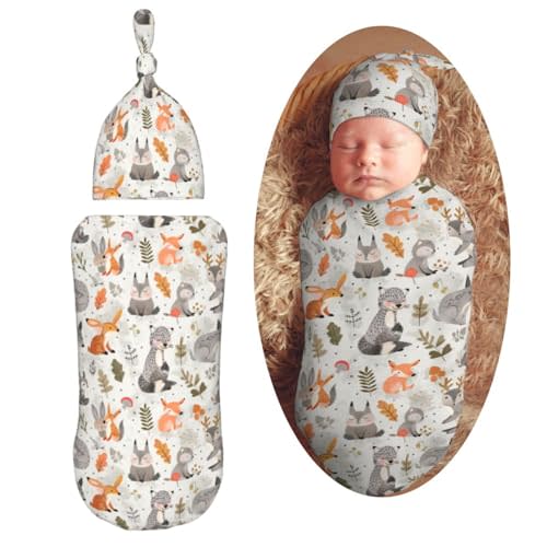 KiuLoam Cartoon Cute Fox Woodland Animal Newborn Swaddle Blanket with Hat Set Soft Baby Receiving Blankets Baby Swaddle Sack for Baby Boys Girls