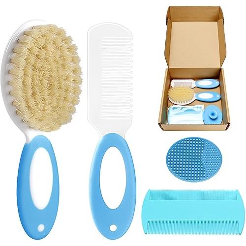 Baby Hair Brush and Comb Set, 4Pcs Baby Soft Bristles Hairbrush Cradle Cap Brush Hair Comb for Newborns Toddlers Boys Girls (Blue)