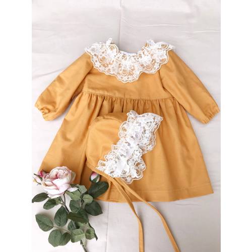 Mustard Yellow/ Vintage/ Cotton Dress & Bonnet with Lace