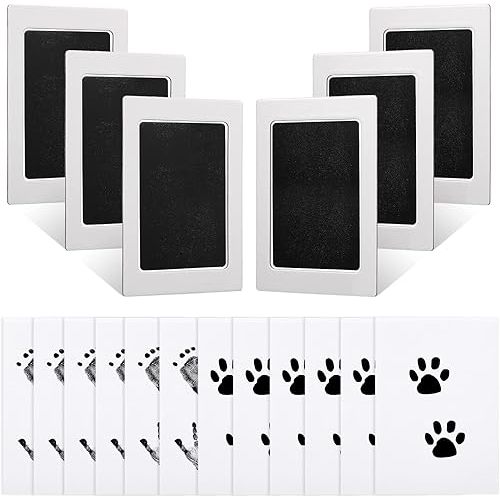 Outus Baby Inkless Handprint and Footprint Kit 6 Safe Hand and Foot Ink Pad Clean Touch Paw Print Stamp and 12 Card for Newborn Registry Family Keepsake Baby Shower Present, Black Color